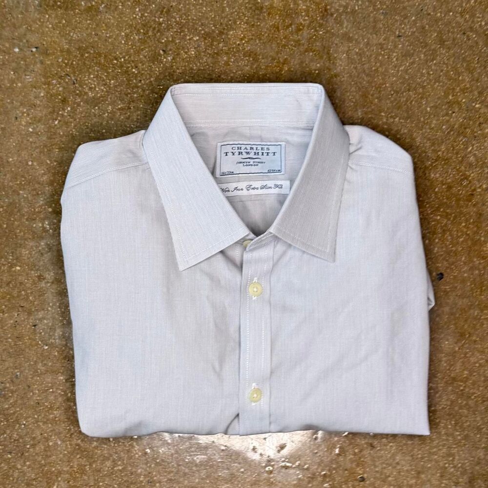Charles Tyrwhitt Mens 16.5 33 Extra Slim Fit Non Iron Gray Stripe Dress Shirt